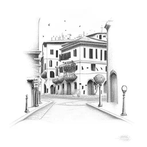A detailed sketch of Trastevere's charming streets and buildings tattoo design idea