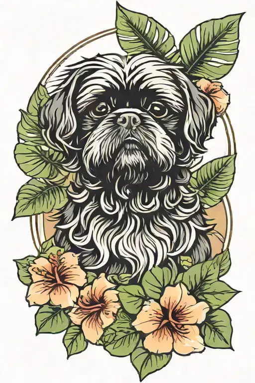 Black Shih tzu with Monstera and hibiscus flower in background  tattoo design idea
