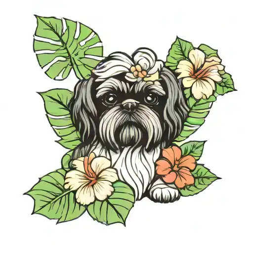 Black Shih tzu with Monstera leaves and hibiscus flower tattoo design idea