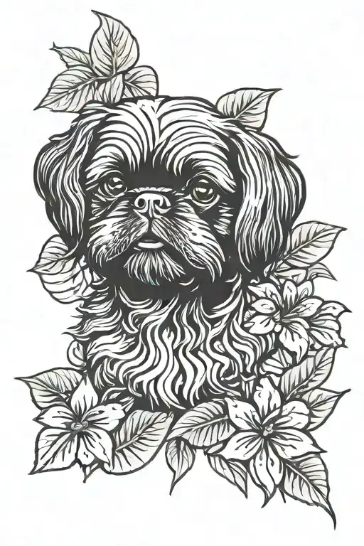 Black Shih tzu with Monstera leaves and hibiscus flower tattoo design idea
