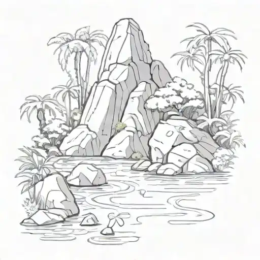 Peaceful scene of one main rock that you sit on nearby flowing water in a jungle tattoo design idea