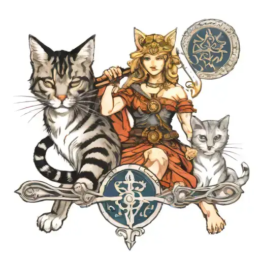 Freya Nordic goddess with sword in hand and it's two cats in a traditional style tattoo design idea