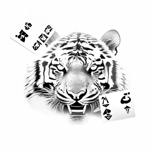A realistic tiger's face with a playing card held in its mouth, featuring the number '1996' tattoo design idea