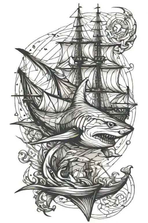 shark and ship mast sailing ship tattoo design idea