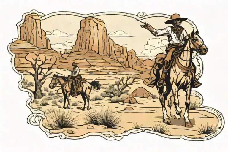 art noveau desert landscape with a cowboy zion national park tattoo design idea