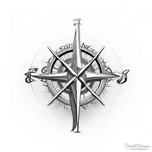 a cross, mountains, a compass, the word strength, romans 8:31 that would go on the tricep tattoo design idea