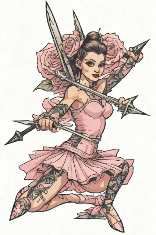 ballerina in a pink tutu doing a pose and holding a halberd tattoo design idea