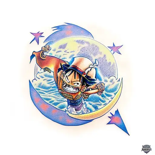A traditional-style tattoo of Luffy unleashing his Modelo Nika power, with the moon shining above tattoo design idea