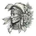 Create a dotwork tattoo of a Native American warrior holding a bouquet of mint leaves as a symbol of peace and healing tattoo design idea