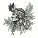 Create a dotwork tattoo of a Native American warrior holding a bouquet of mint leaves as a symbol of peace and healing tattoo design idea