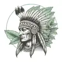 Create a dotwork tattoo of a Native American warrior holding a bouquet of mint leaves as a symbol of peace and healing tattoo design idea