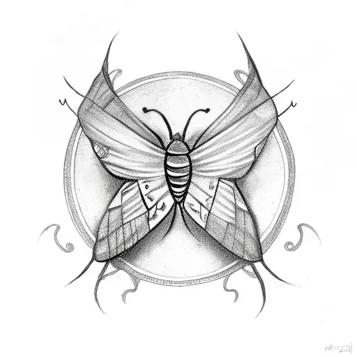 moth with the wings a little bit open and a music note at the center of the body tattoo design idea