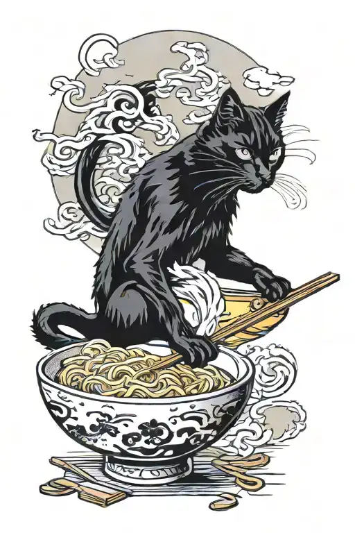 black cat eating ramen japanese vintage style ramen shop art tattoo design idea