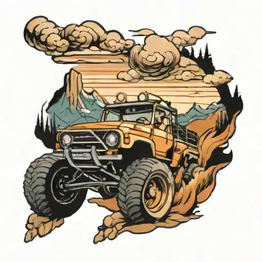 4wd driving up winding dirt road to heaven tattoo design idea