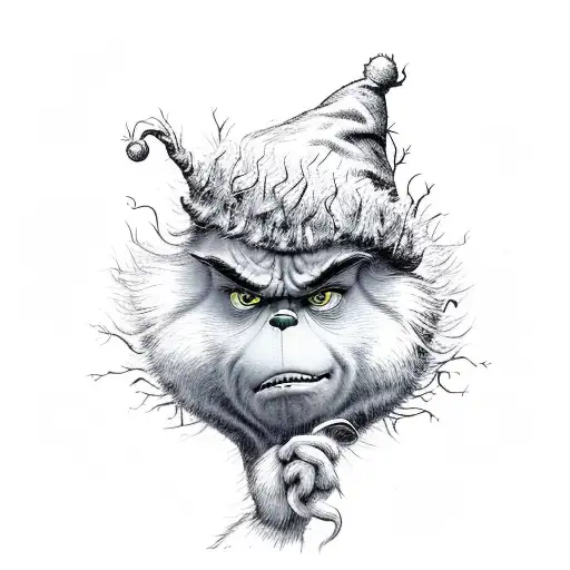 The Grinch cuts down a christmas tree with a Stihl chainsaw tattoo design idea