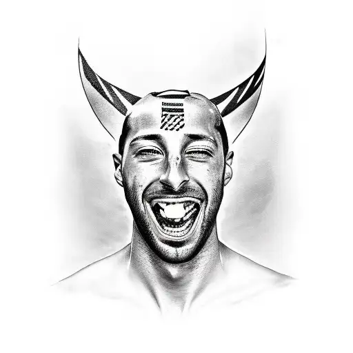Create a realistic portrait of Daniel Ricciardo in his racing gear, capturing his intensity and focus tattoo design idea