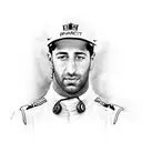 Create a realistic portrait of Daniel Ricciardo in his racing gear, capturing his intensity and focus tattoo design idea