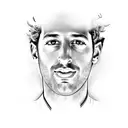 Create a realistic portrait of Daniel Ricciardo in his racing gear, capturing his intensity and focus tattoo design idea