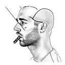 Create a realistic portrait of Daniel Ricciardo in his racing gear, capturing his intensity and focus tattoo design idea