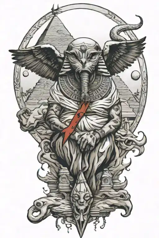 animal seth holding osiris bloody head over egypt pyramid moon tattoo design idea