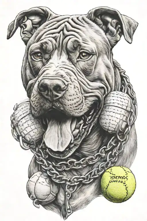 pitbull dog holding two tennis balls in mouth tattoo design idea