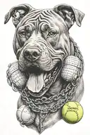 pitbull dog holding two tennis balls in mouth tattoo design idea