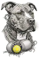pitbull dog holding two tennis balls in mouth tattoo design idea