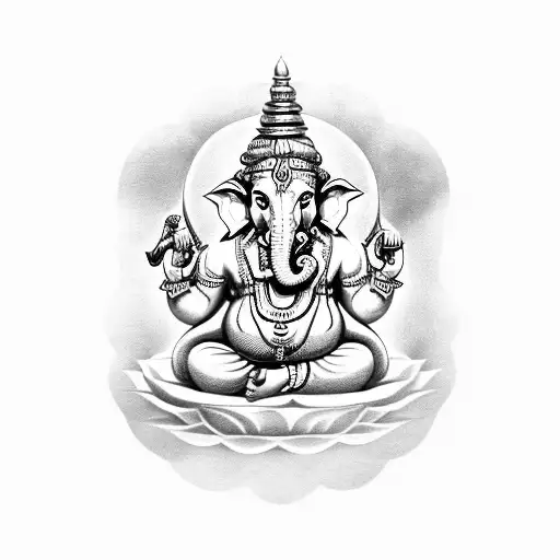 Indian deity Ganesha surrounded by mystical symbols tattoo design idea