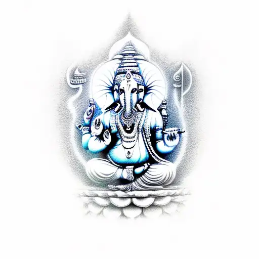 Indian deity Ganesha surrounded by mystical symbols tattoo design idea
