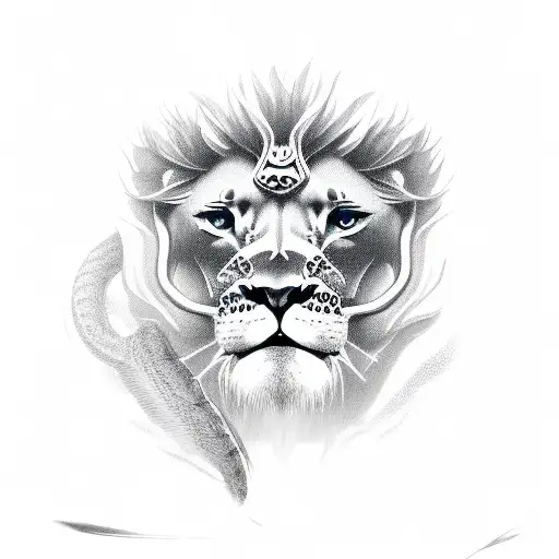 side angle baby lion chasing two snakes tattoo design idea