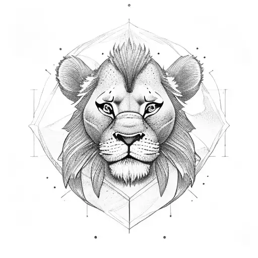 simba en el tronco dibujado a mano con líneas egipcias tattoo design idea