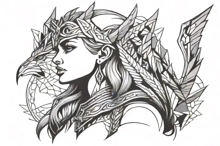 face profile of a valkyrie with crown and wings tattoo design idea