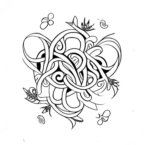 a flower arrangement with fine lines that have shamrocks and a triskelion. the words eternal peace is written in script. tattoo design idea
