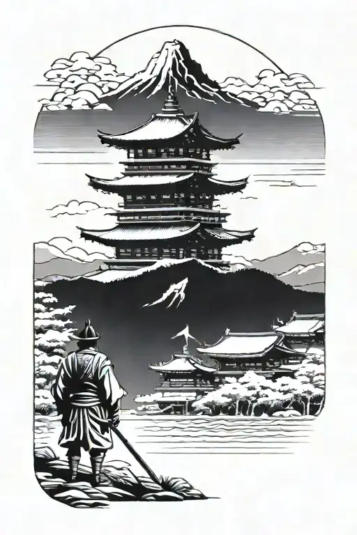 samurai with detached wings standing next to old japanese temple with mountain Fuji in the background. b&w, paintbrushed tattoo design idea