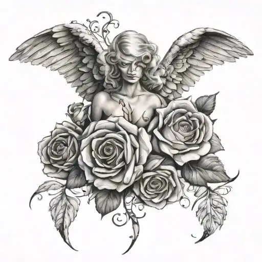 fallen angel with open handles and roses tattoo design idea