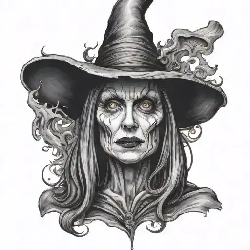 A surreal black-grey portrait of the Wicked Witch of the West melting tattoo design idea
