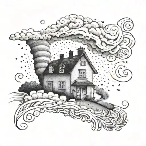 A dotwork interpretation of the tornado sweeping Dorothy's house away with the words 'There's no place like home' tattoo design idea