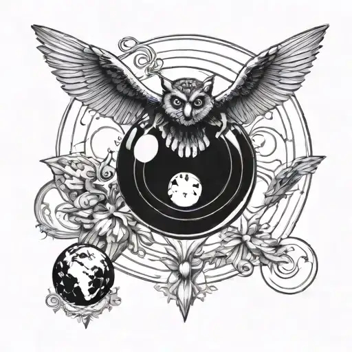 A dark and mysterious blackwork design of the flying monkeys circling around a crystal ball tattoo design idea