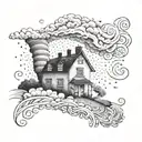 A dotwork interpretation of the tornado sweeping Dorothy's house away with the words 'There's no place like home' tattoo design idea