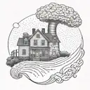 A dotwork interpretation of the tornado sweeping Dorothy's house away with the words 'There's no place like home' tattoo design idea