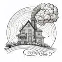A dotwork interpretation of the tornado sweeping Dorothy's house away with the words 'There's no place like home' tattoo design idea