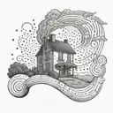 A dotwork interpretation of the tornado sweeping Dorothy's house away with the words 'There's no place like home' tattoo design idea