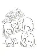 A family of elephants surrounded by a garden of flowers tattoo design idea
