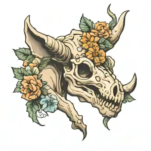 triceratops skull with flowers tattoo design idea