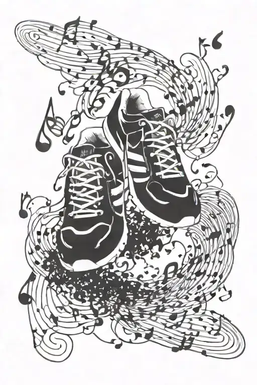 Musical notes forming a path winding through a forest or mountains with running shoes tattoo design idea