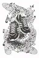 Musical notes forming a path winding through a forest or mountains with running shoes tattoo design idea