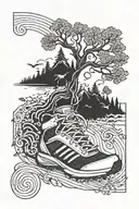 Musical notes forming a path winding through a forest or mountains with running shoes tattoo design idea