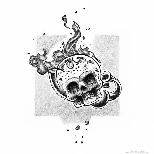 cup of coffe with smoke skull tattoo design idea