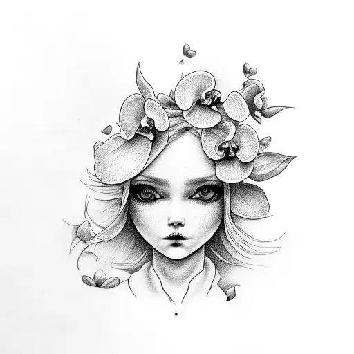 A sad doll face surrounded by orchids tattoo design idea