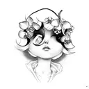 A sad doll face surrounded by orchids tattoo design idea